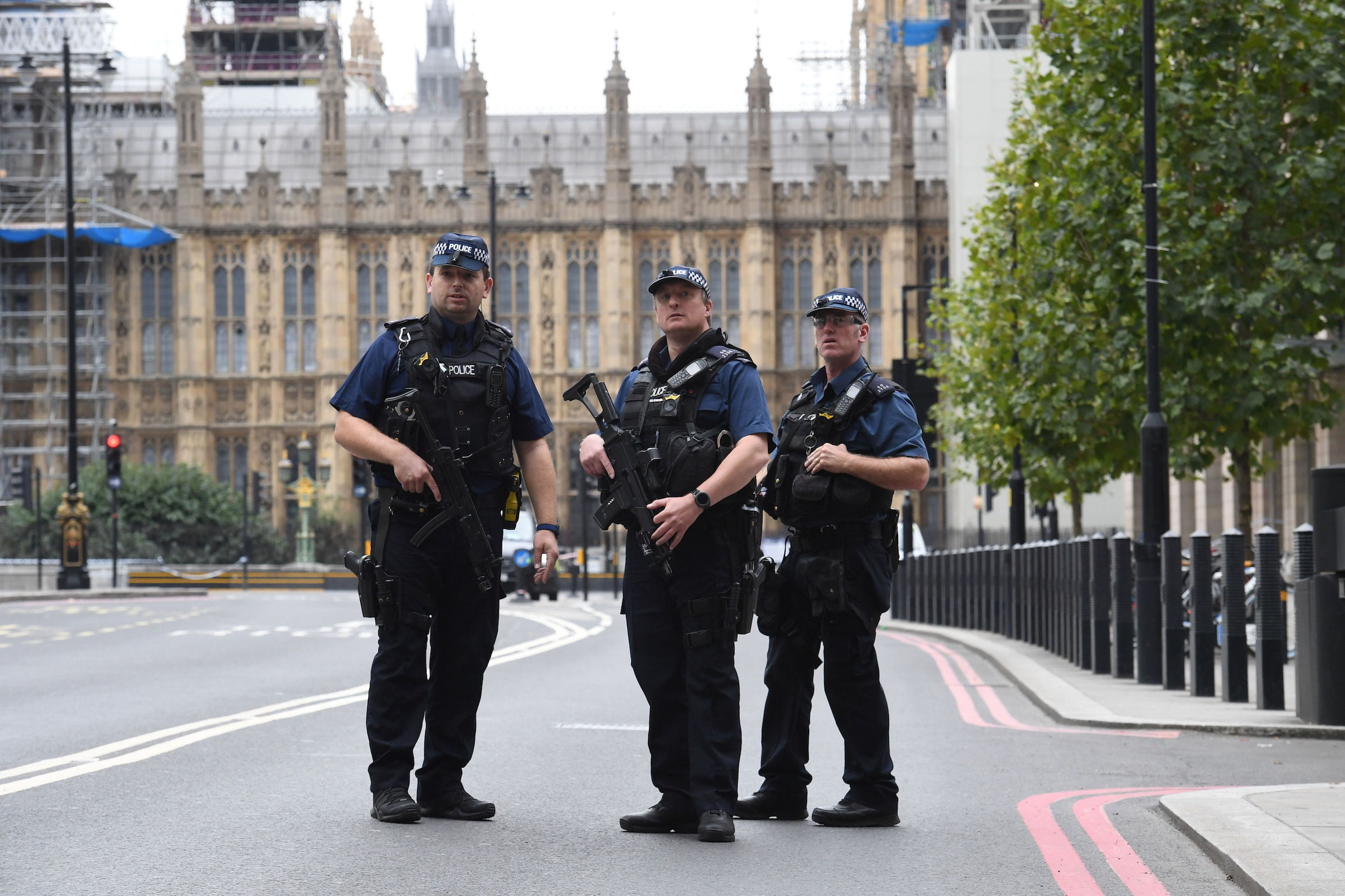 Armed police on Victoria Embankment in Westminster, central London Armed police on Victoria Embankment in Westminster, central London