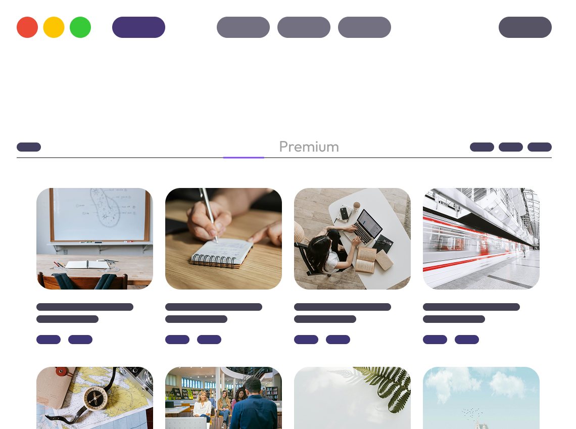 Course catalog — free and premium courses with thumbnail grid