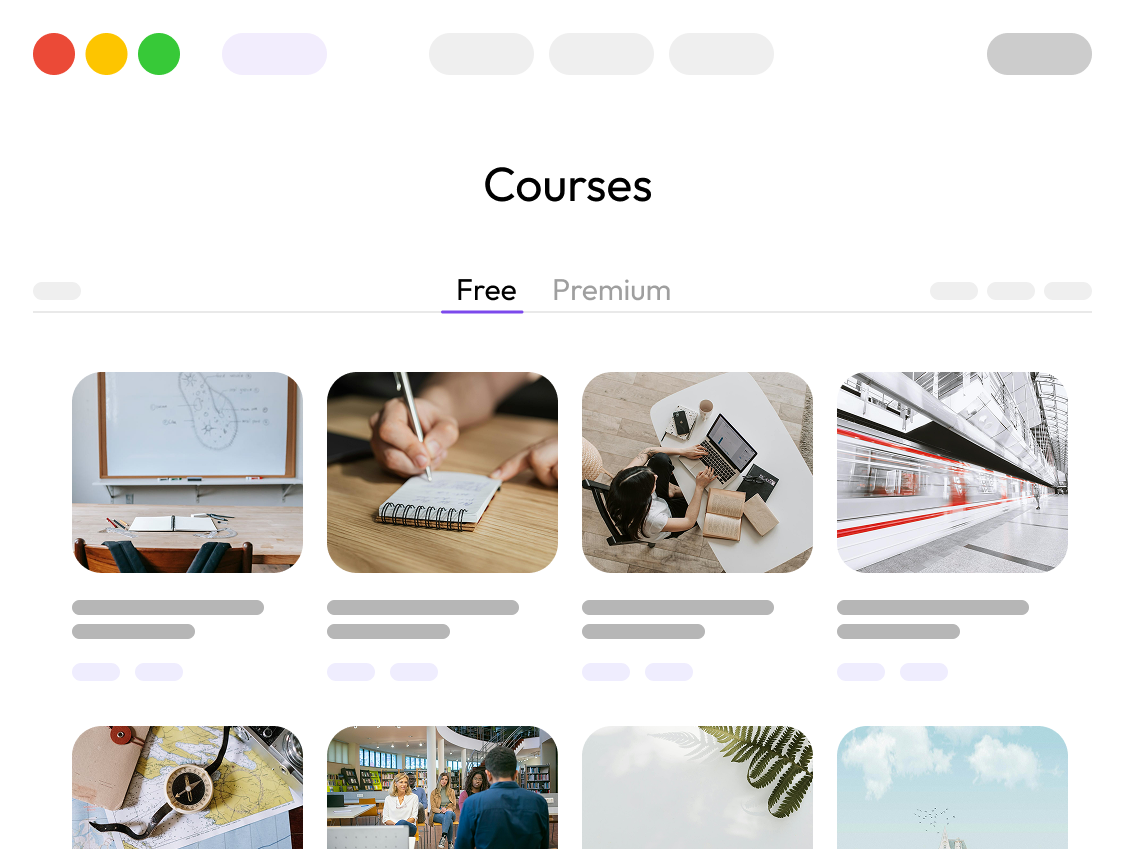 Course catalog — free and premium courses with thumbnail grid