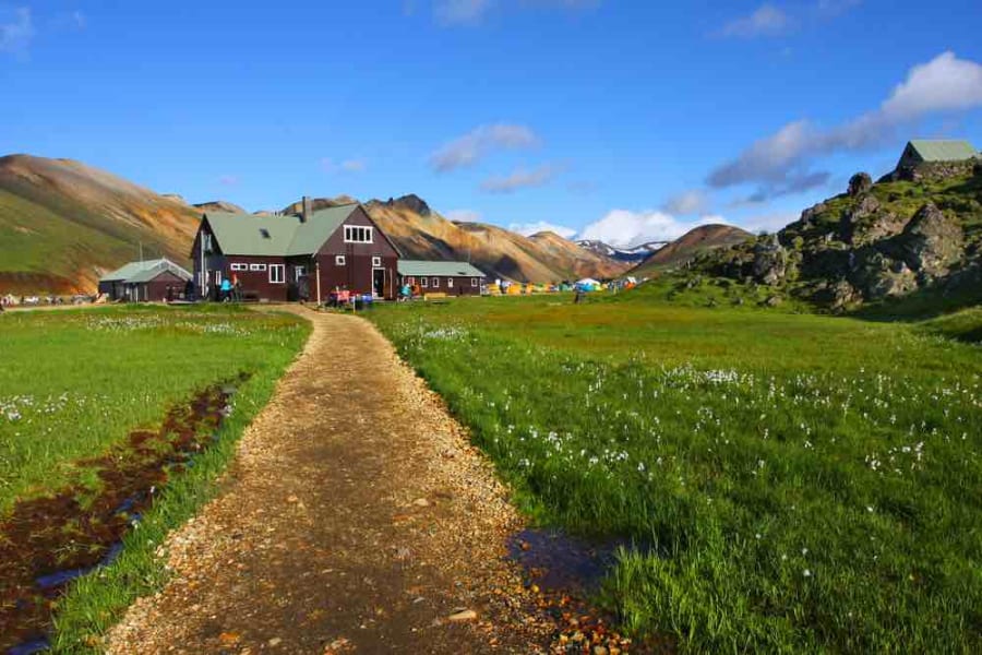 Mountain hut in Landmannalaugar on a sunny day