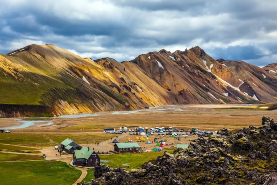 A view on Landmannalaugar hut, campsite ad colorful mountains