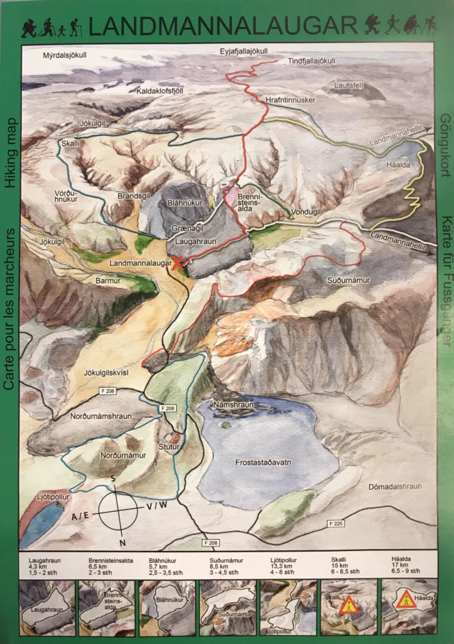 Hiking map with trails for camping in Landmannalaugar