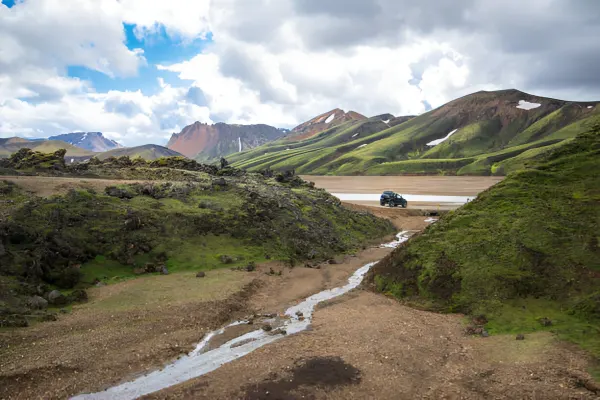Private Super Jeep tour arriving at Landmannalaugar highlands