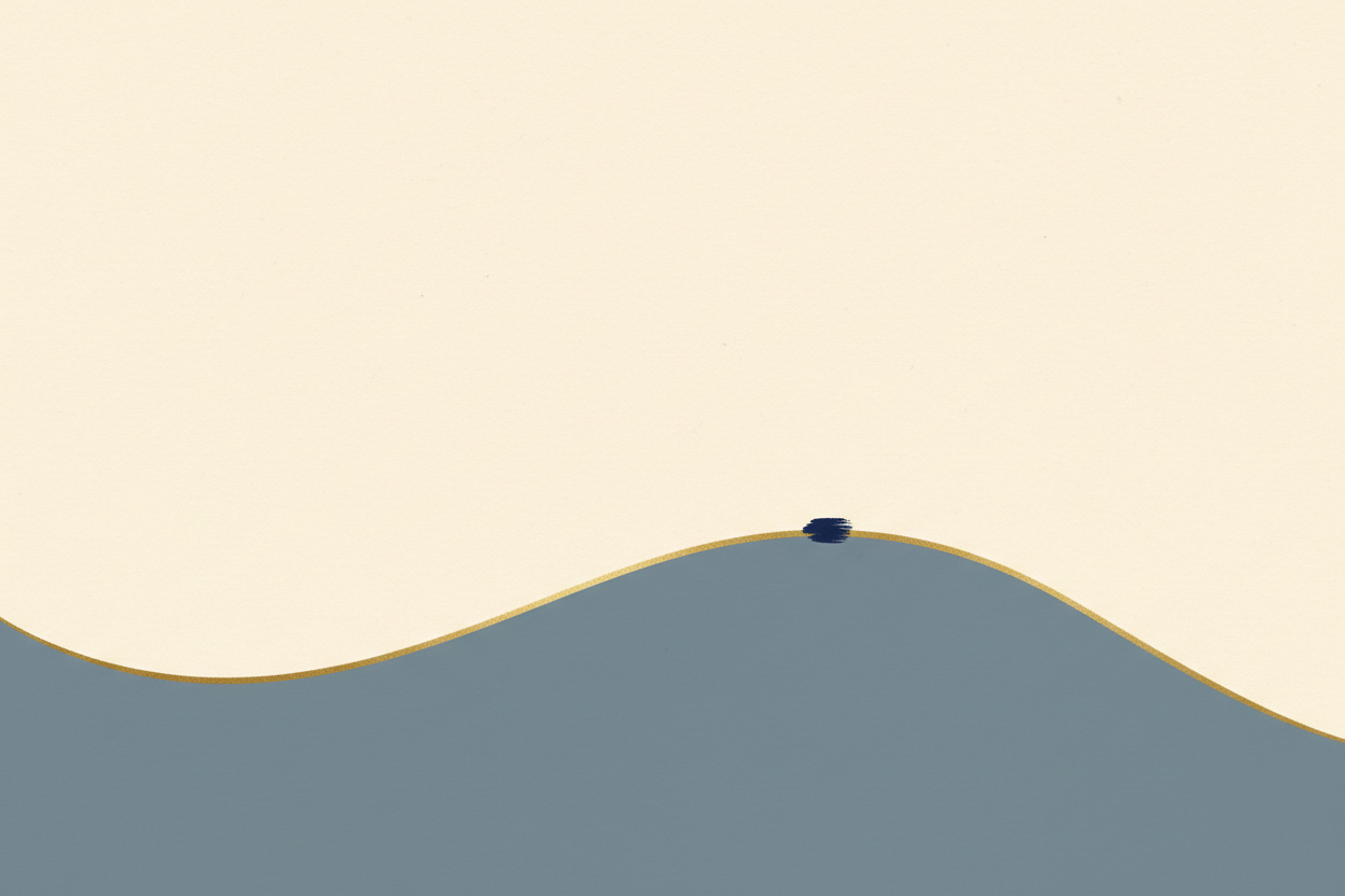 Illustration — anxiété chronique, ligne bleu-gris qui reste activée, tracée par un fil doré continu