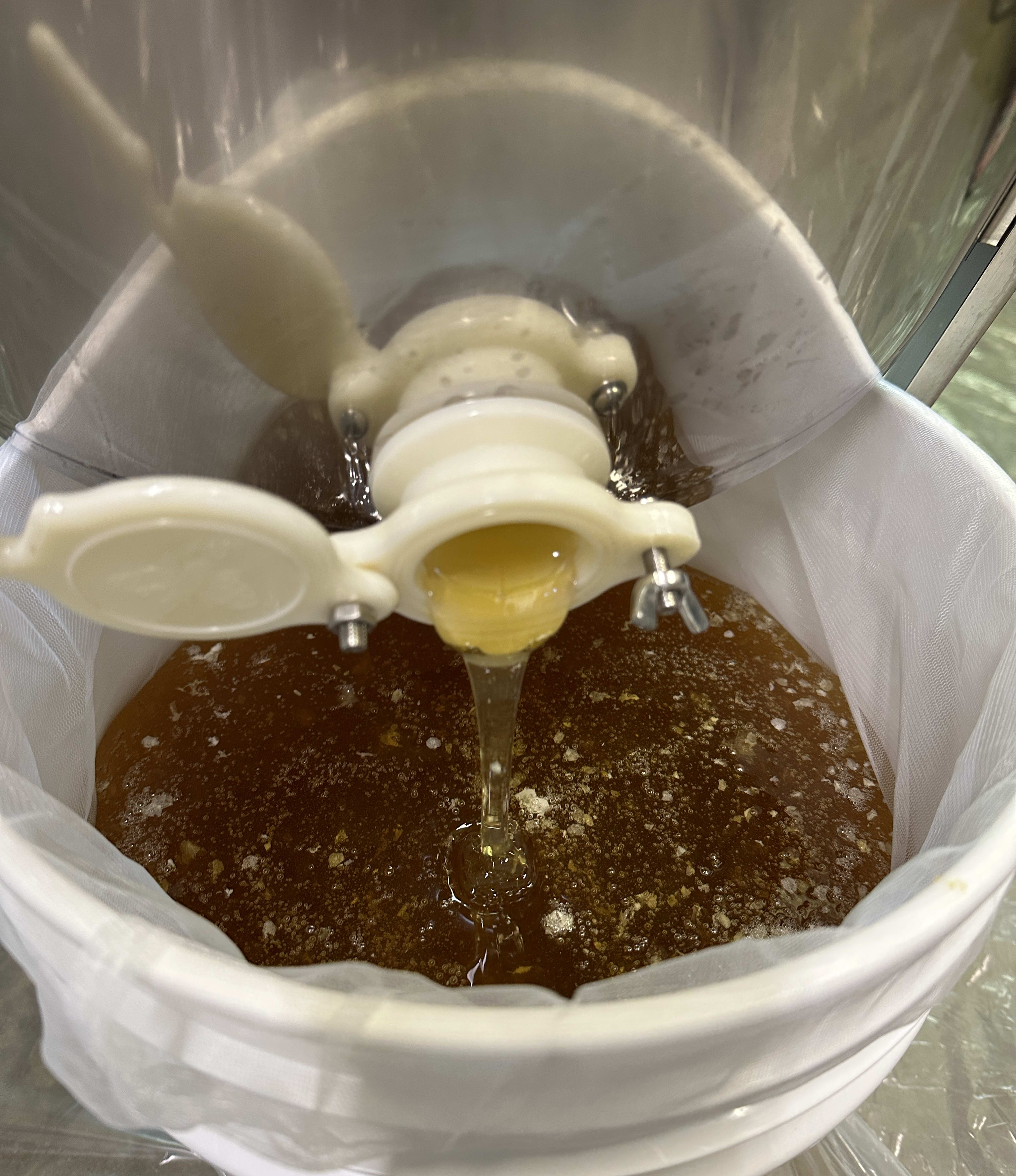 Honey extractor in operation, with honey flowing through a spigot into a filtering sieve held by a bucket.