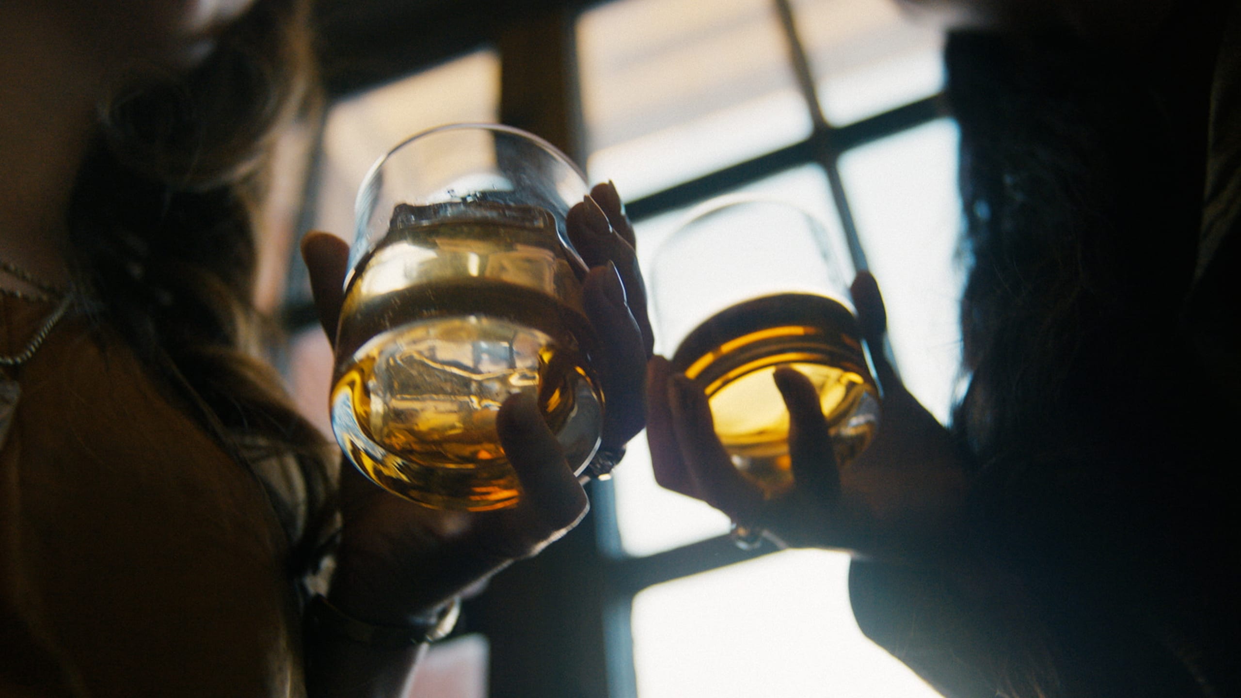 two whisky glasses held in the light