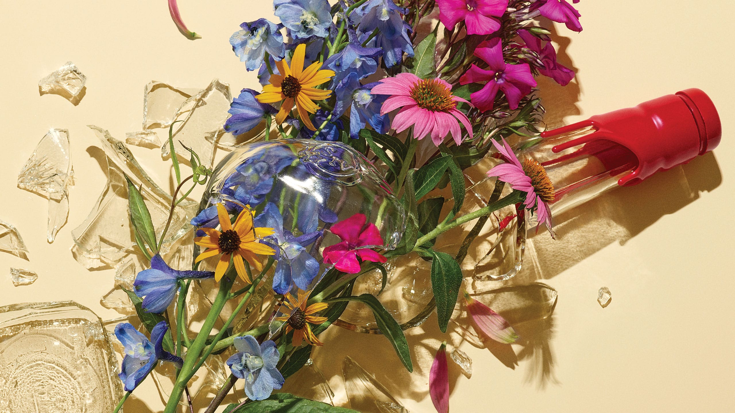 broken bottle with bouquet