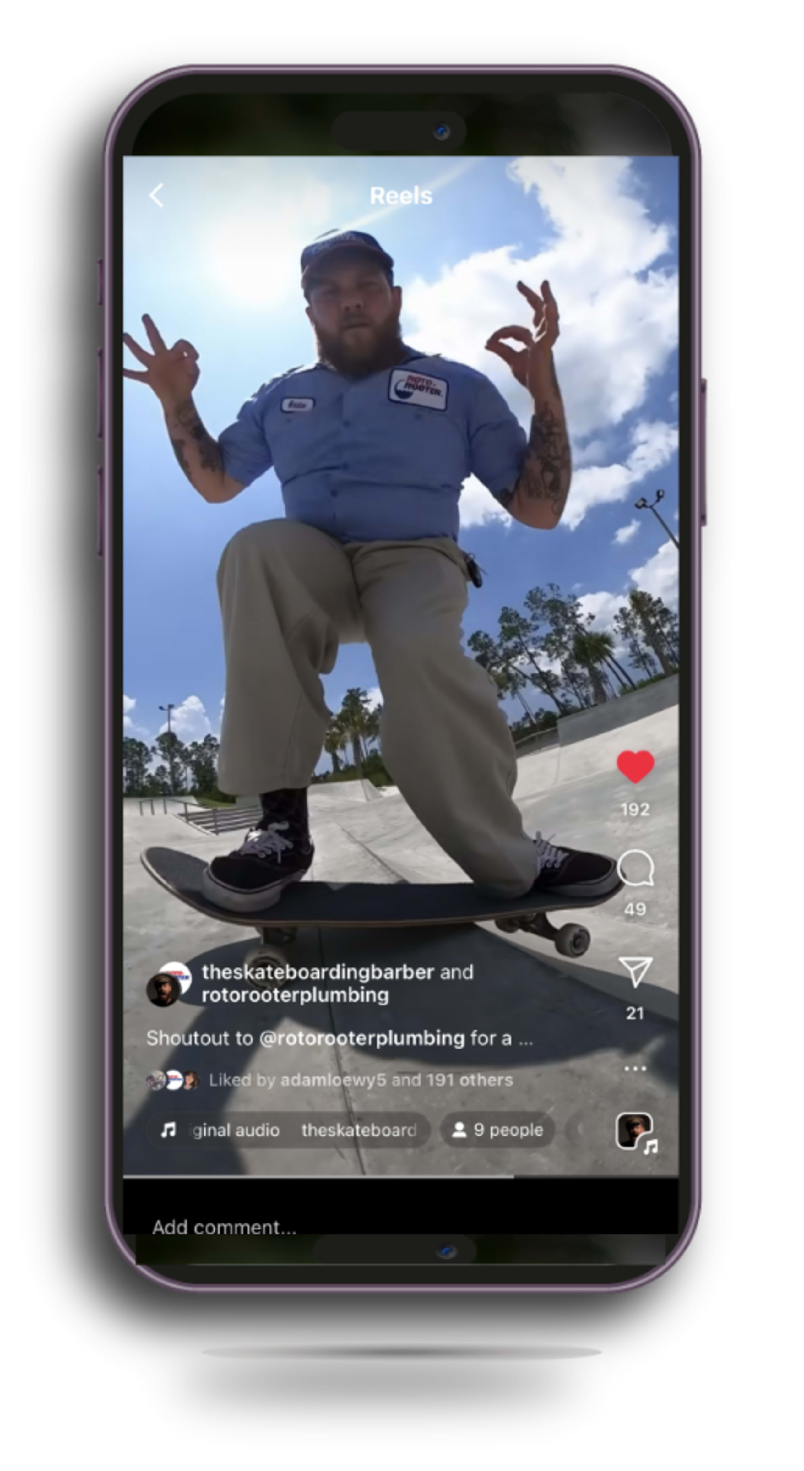 Eddie the influencer in a Roto-Rooter uniform skateboarding