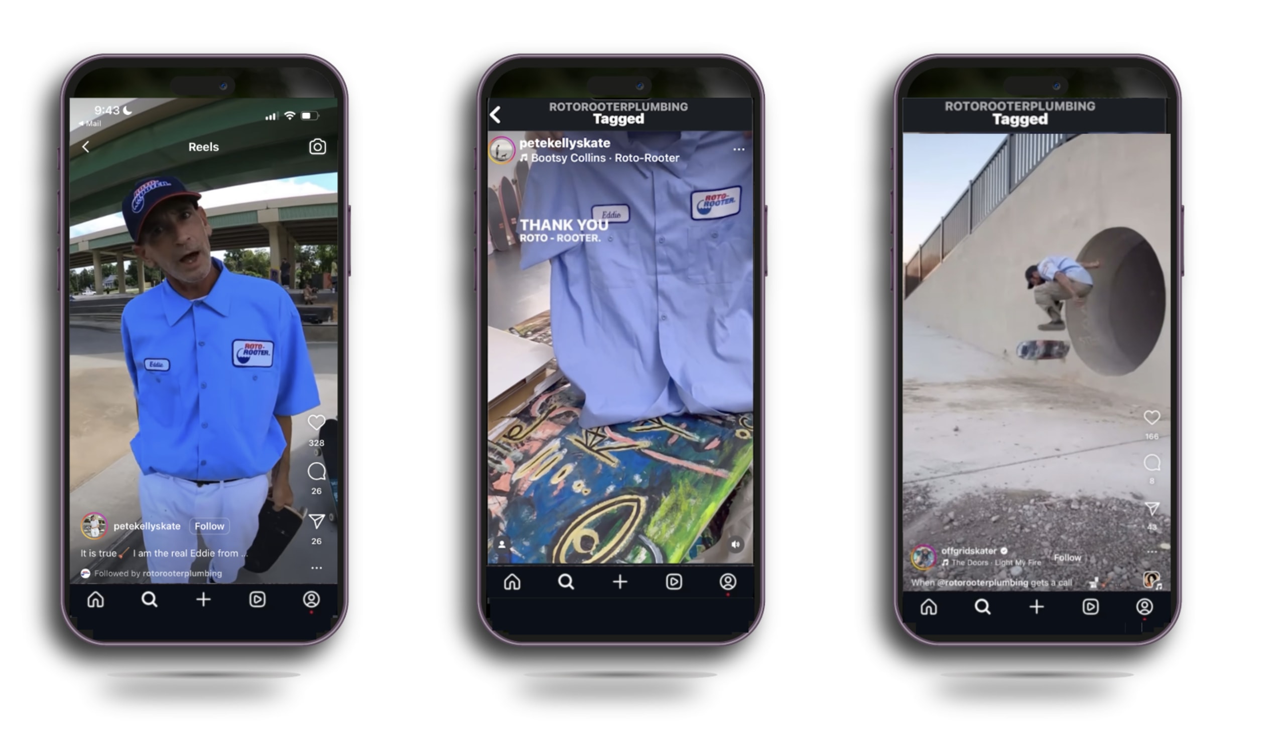 three social media accounts Roto-Rooter gifted uniforms to who filmed fun skateboarding content