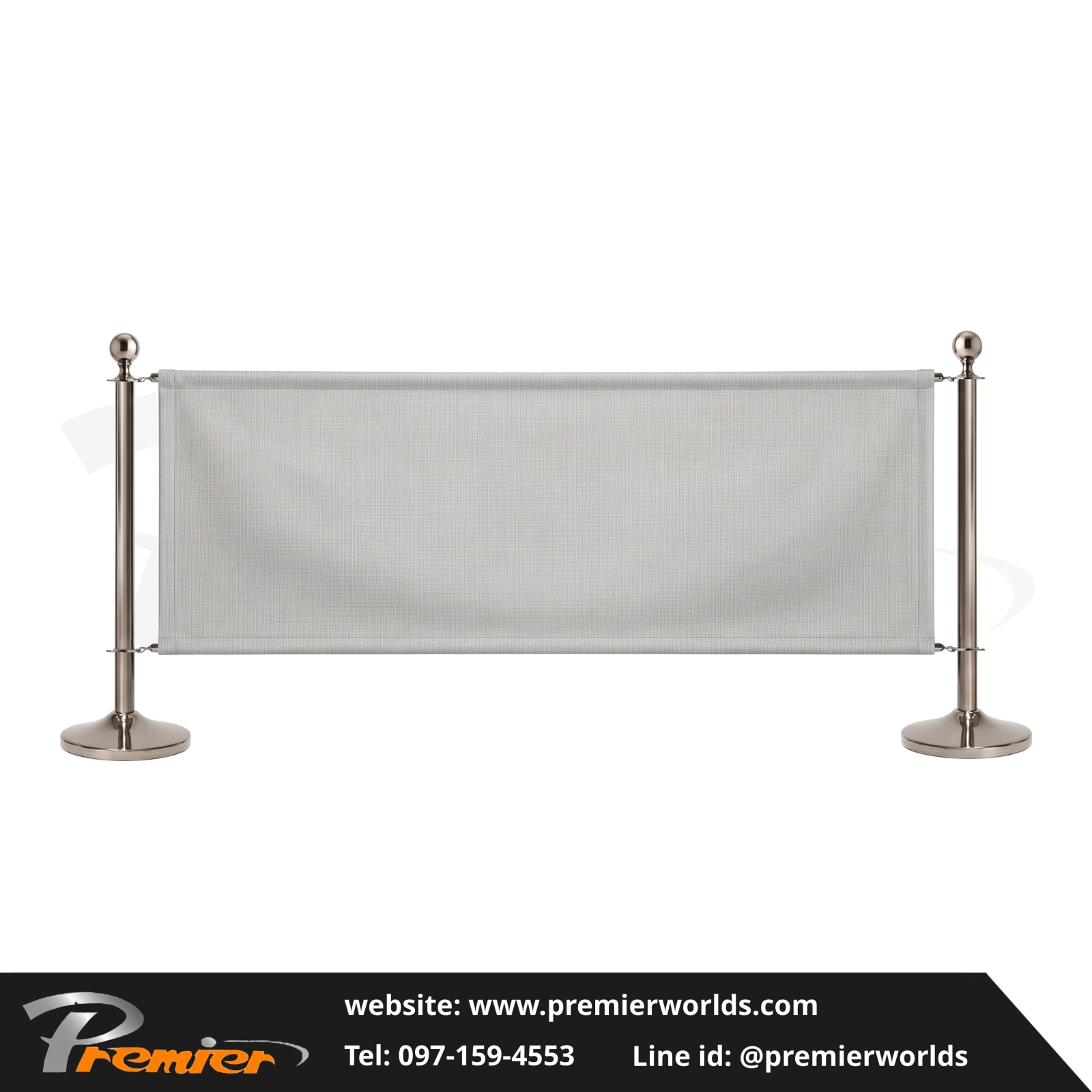 เสากั้นทางเดิน แบบสายคล้อง พร้อมผ้าแบนเนอร์ สีเงิน Stainless Steel