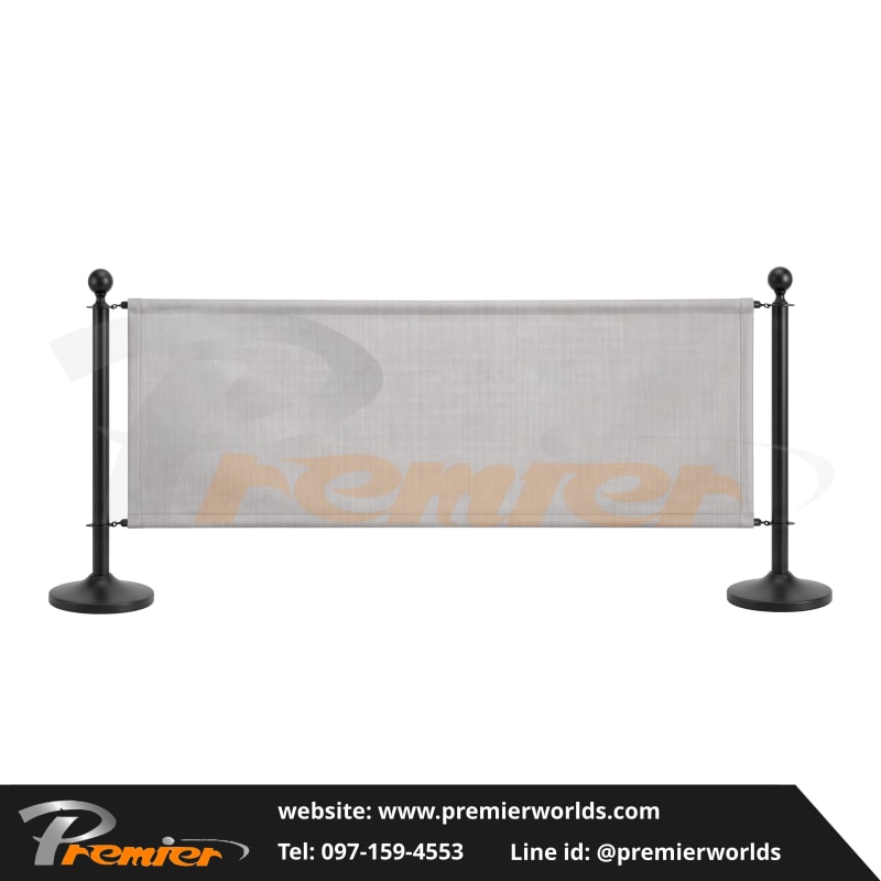 เสากั้นทางเดิน แบบสายคล้อง พร้อมผ้าแบนเนอร์ สีดำ Steel Powder Coating
