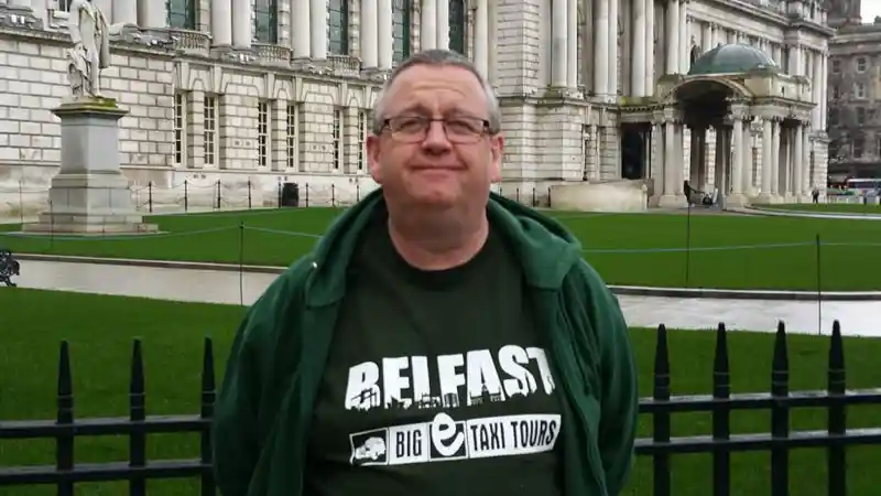 big e taxi tours about big E, Eamon at city hall, belfast, NI