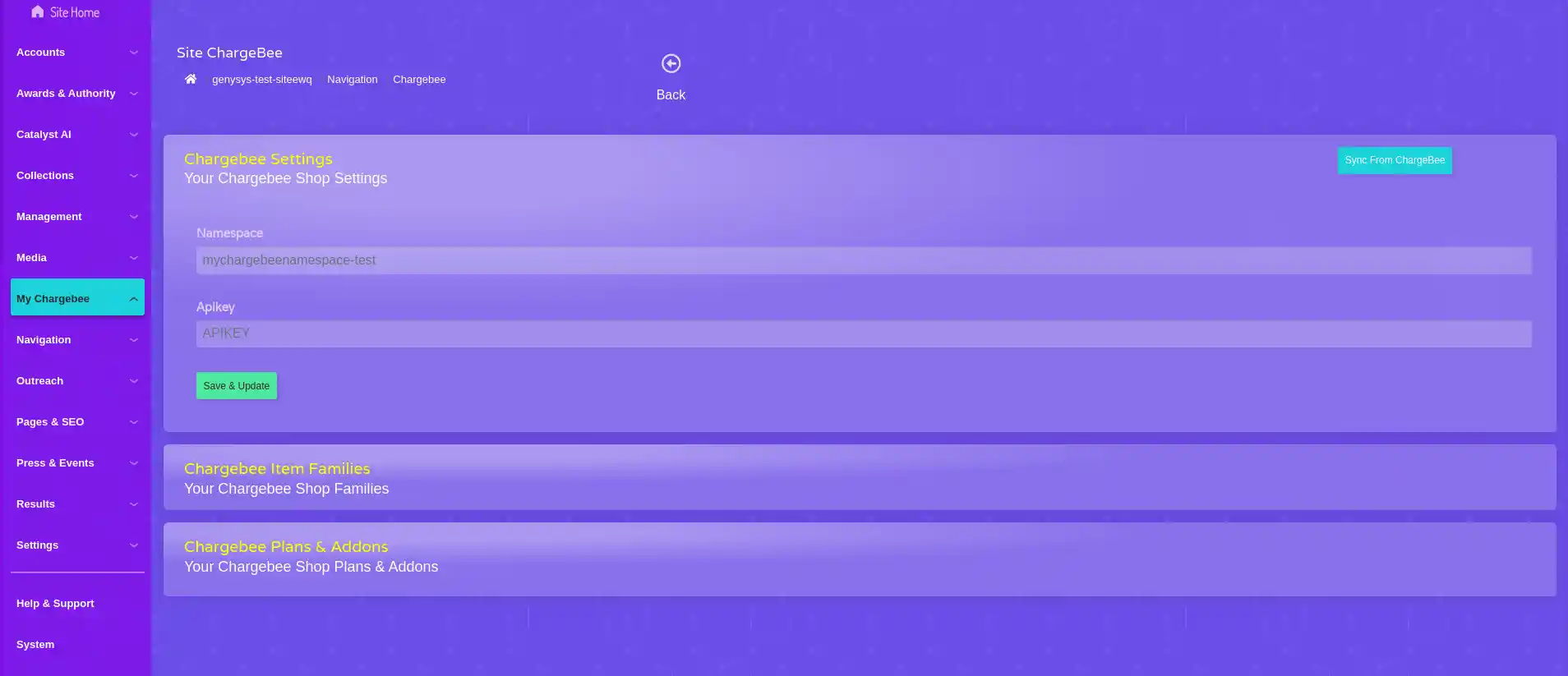 easy q&a form showing 2 fields to connect chargebee to Genysys Engine network