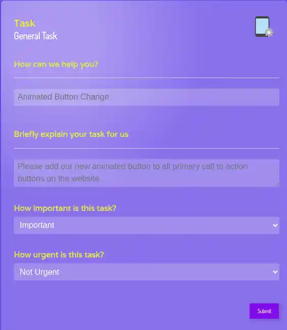 Our simple q&a form to create a task with priority urgency, and task detail fields