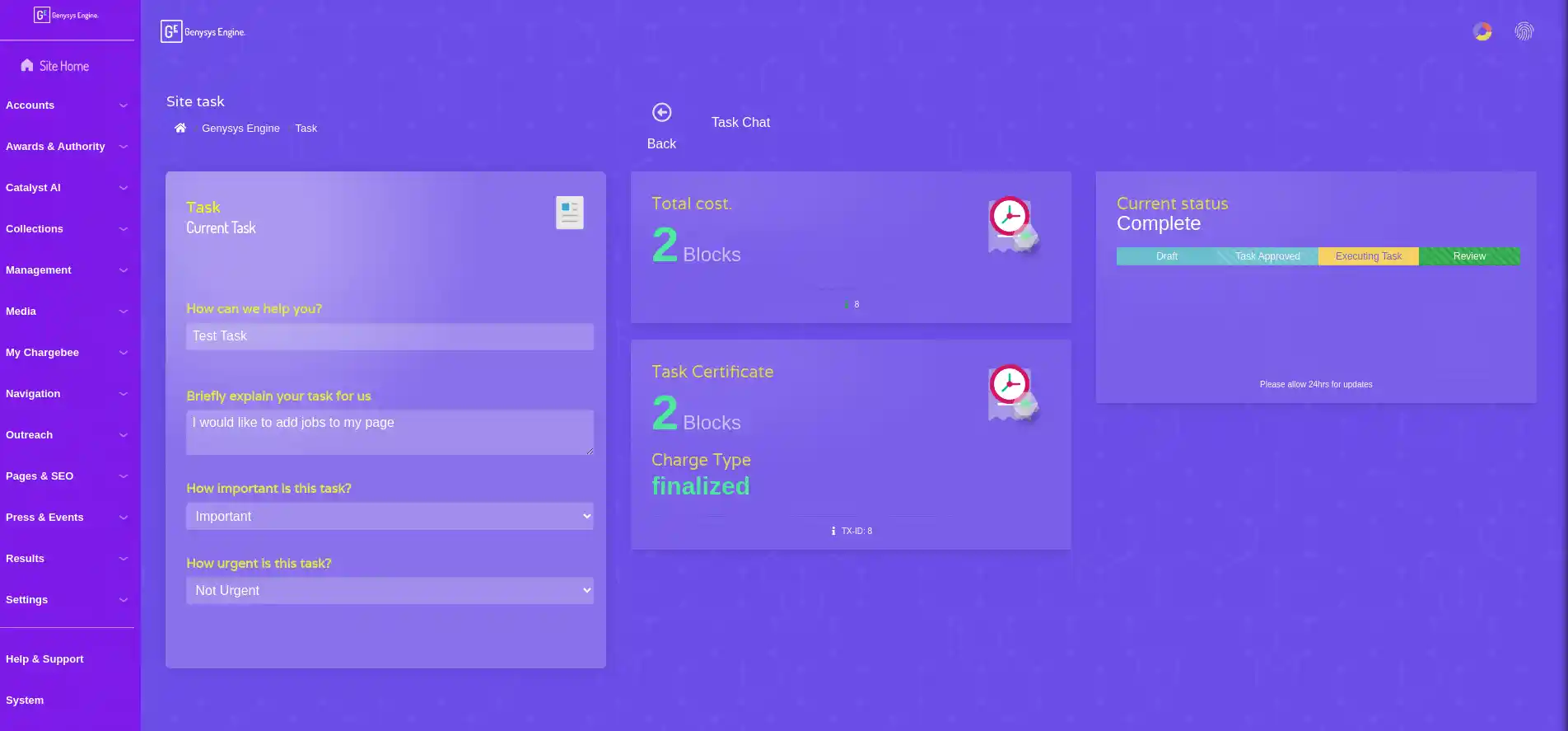 task management system on Genysys Engine's Guided Website Platform showing tasks, time blocks and status or current task