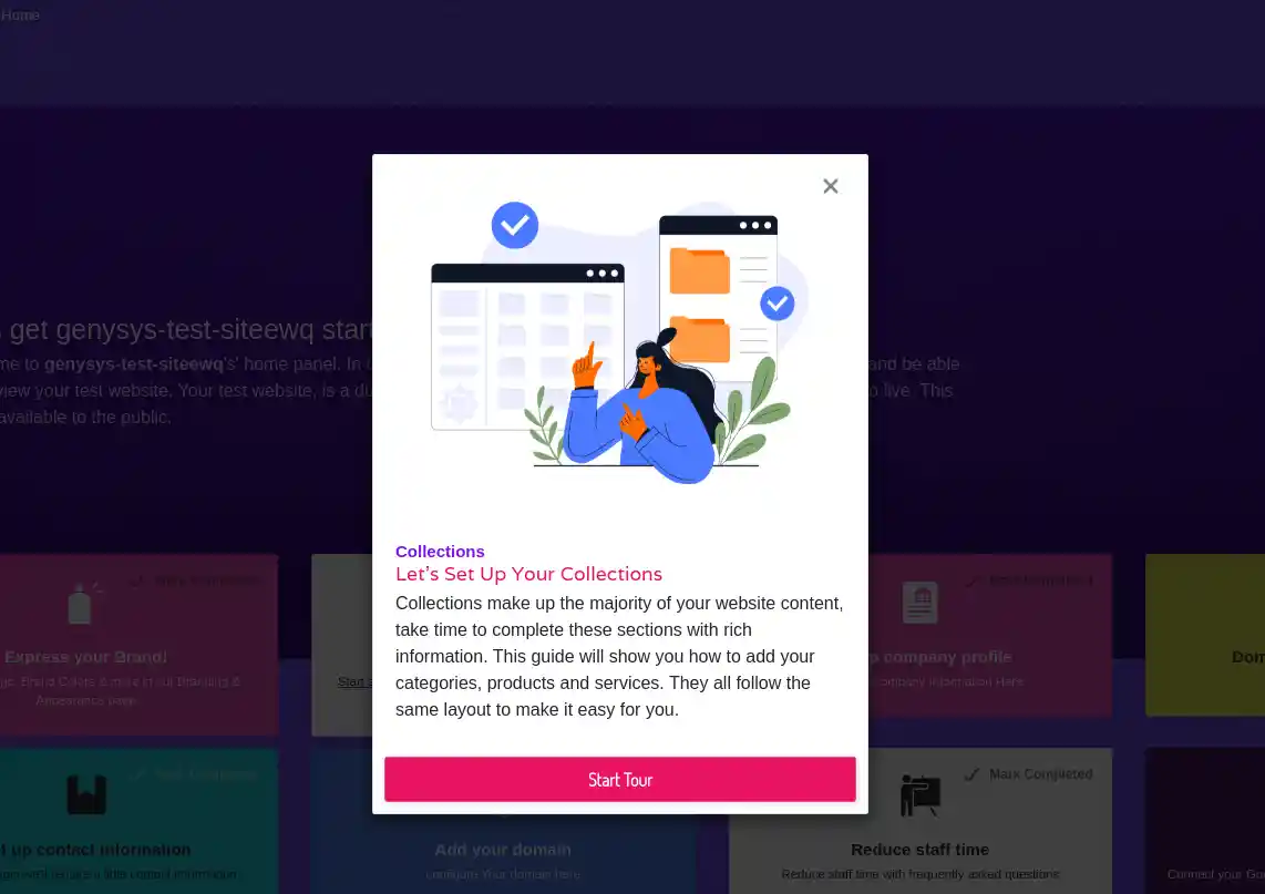 model on guided website platform, explaining what a collection is and a button to start a tour on how to set up collections for your website in the UK