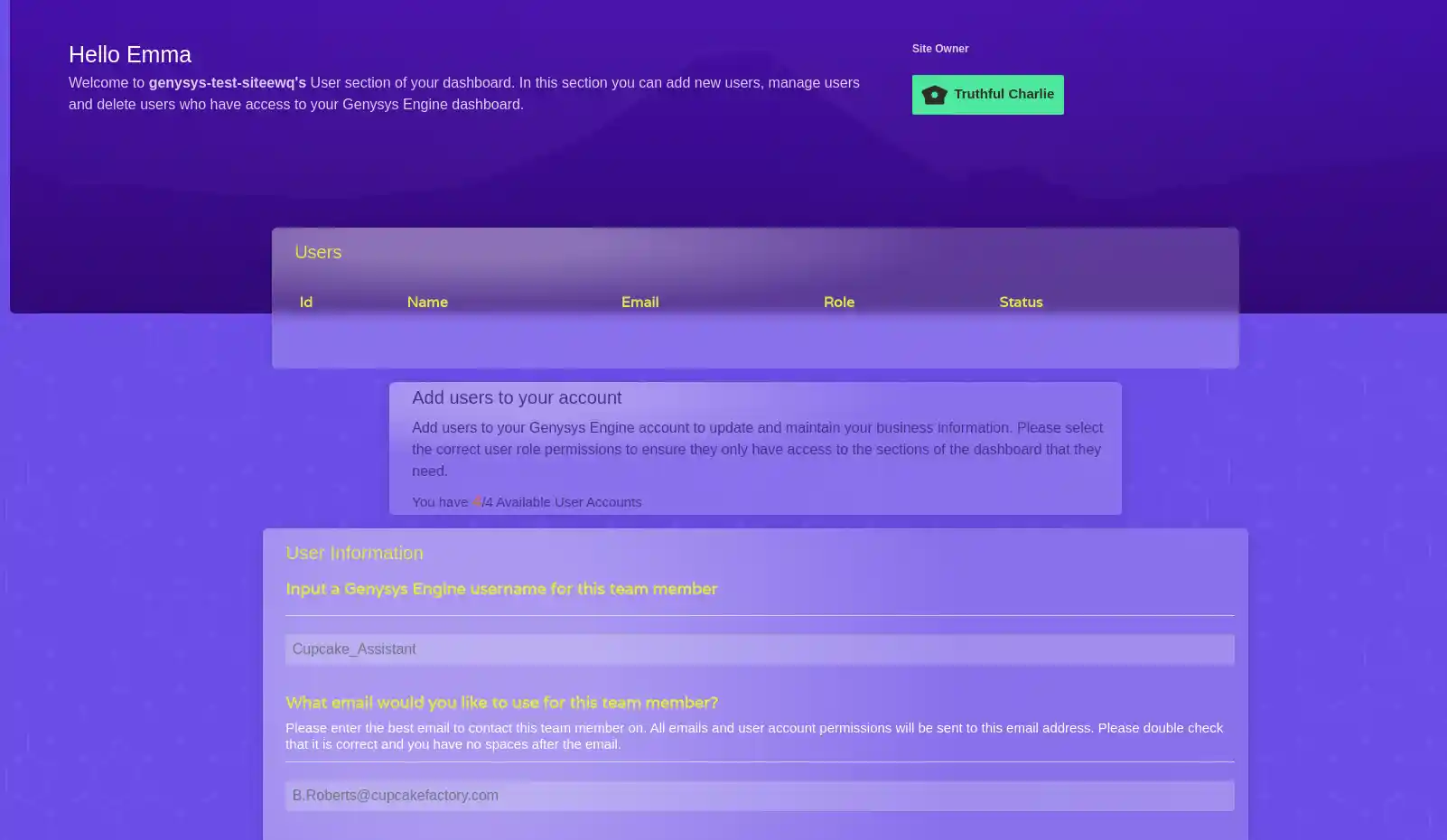 dashboard for guided website platform with easy form to fill in to create a new user with permission