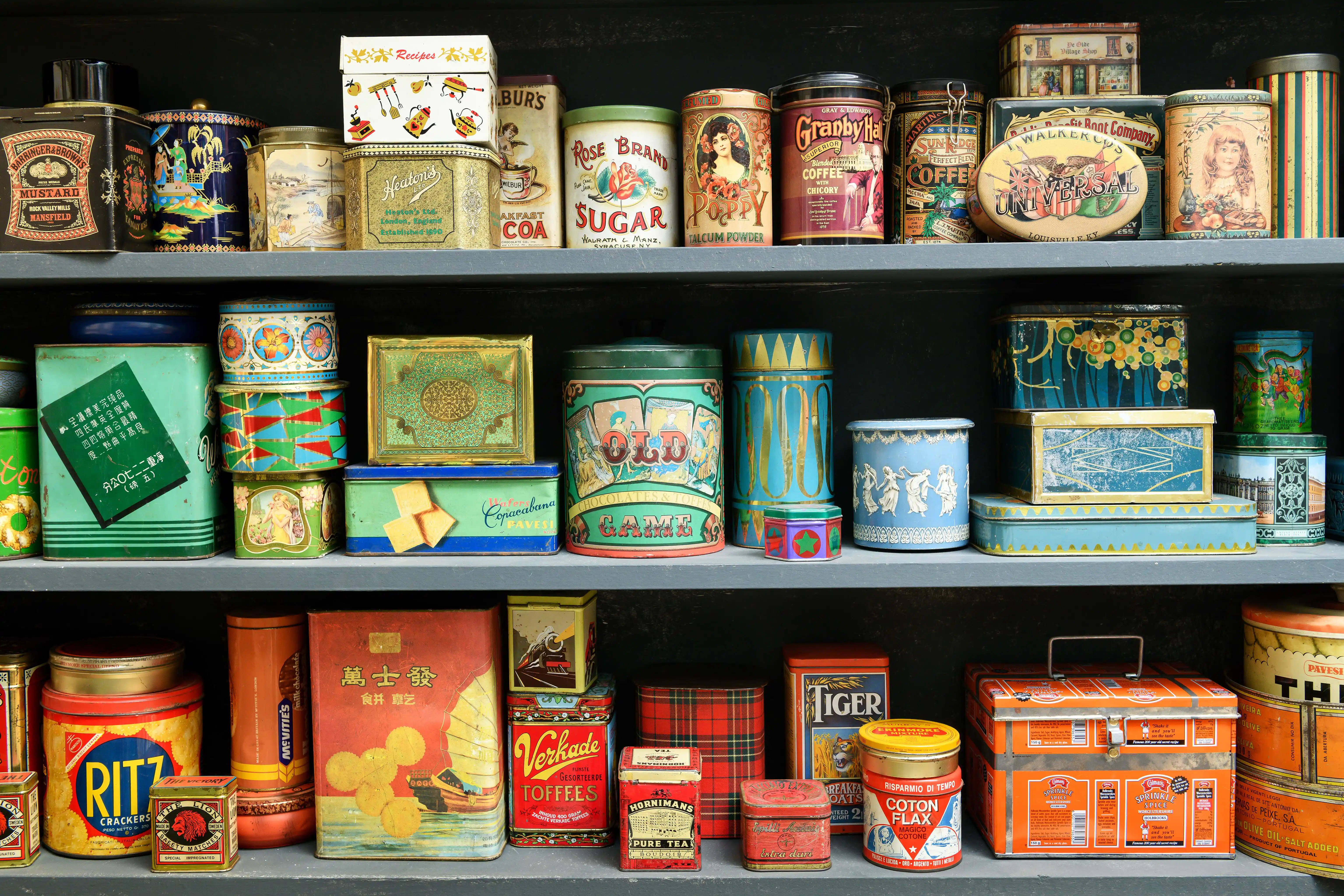 vintage product tins on shelves