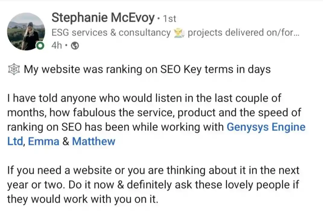 Customer review for seo and website design services.