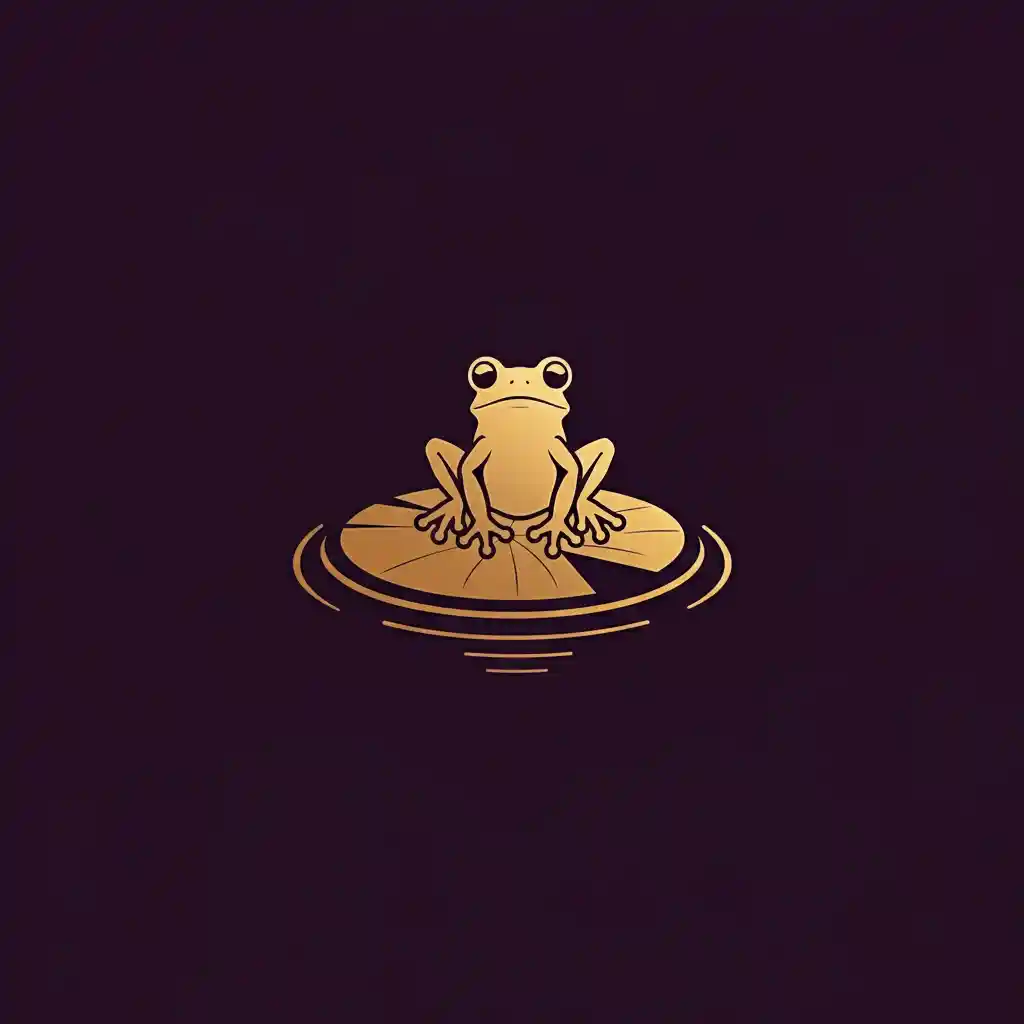 gold metallic logo of frog on lily pad