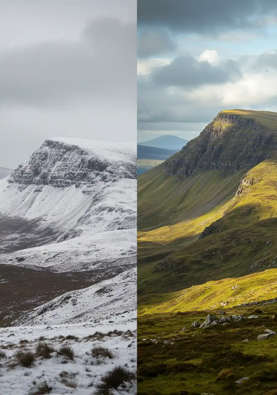 two images of mourne mountains side by side, one is snowy, one is summer