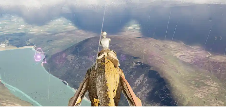 dragon rider flying next to blue light of slieve binnian