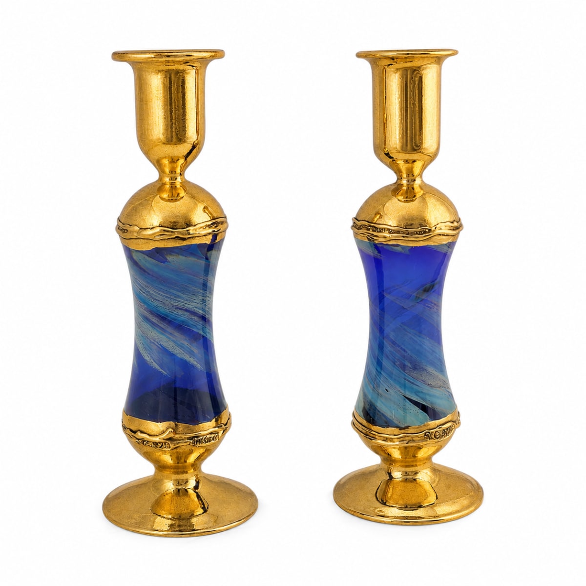 Blue-Green Gold-Plated Glass Candlesticks