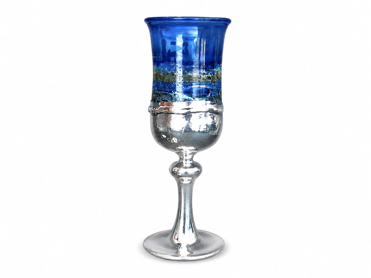 925 Silver-Plated Tall Blue-Green Glass Kiddush Cup