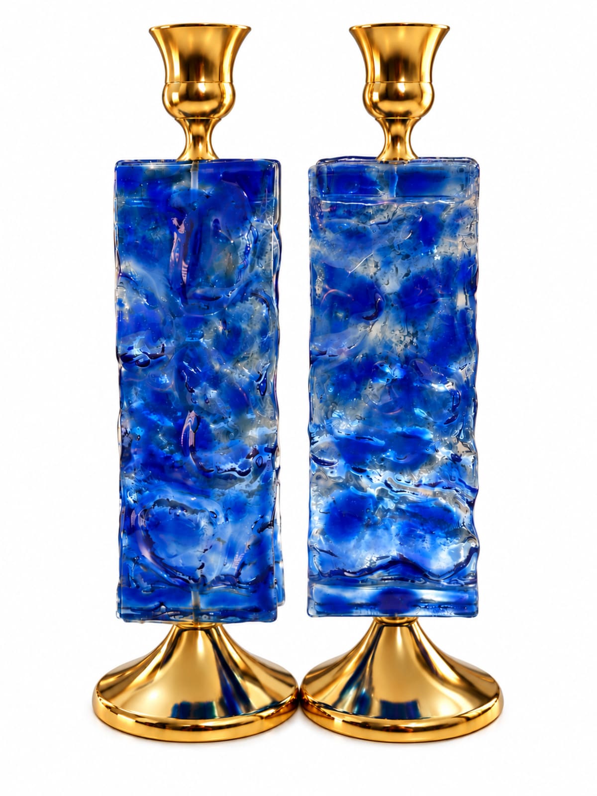 Gold-Tone Blue Double-Sided Glass Candlesticks