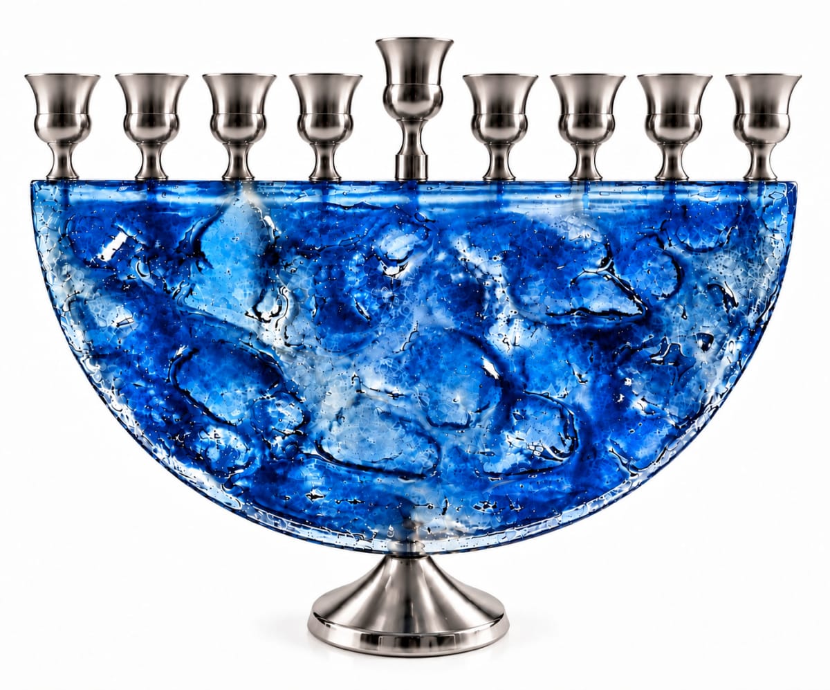 Silver-Tone Blue Glass Half-Moon Hanukkah Menorah