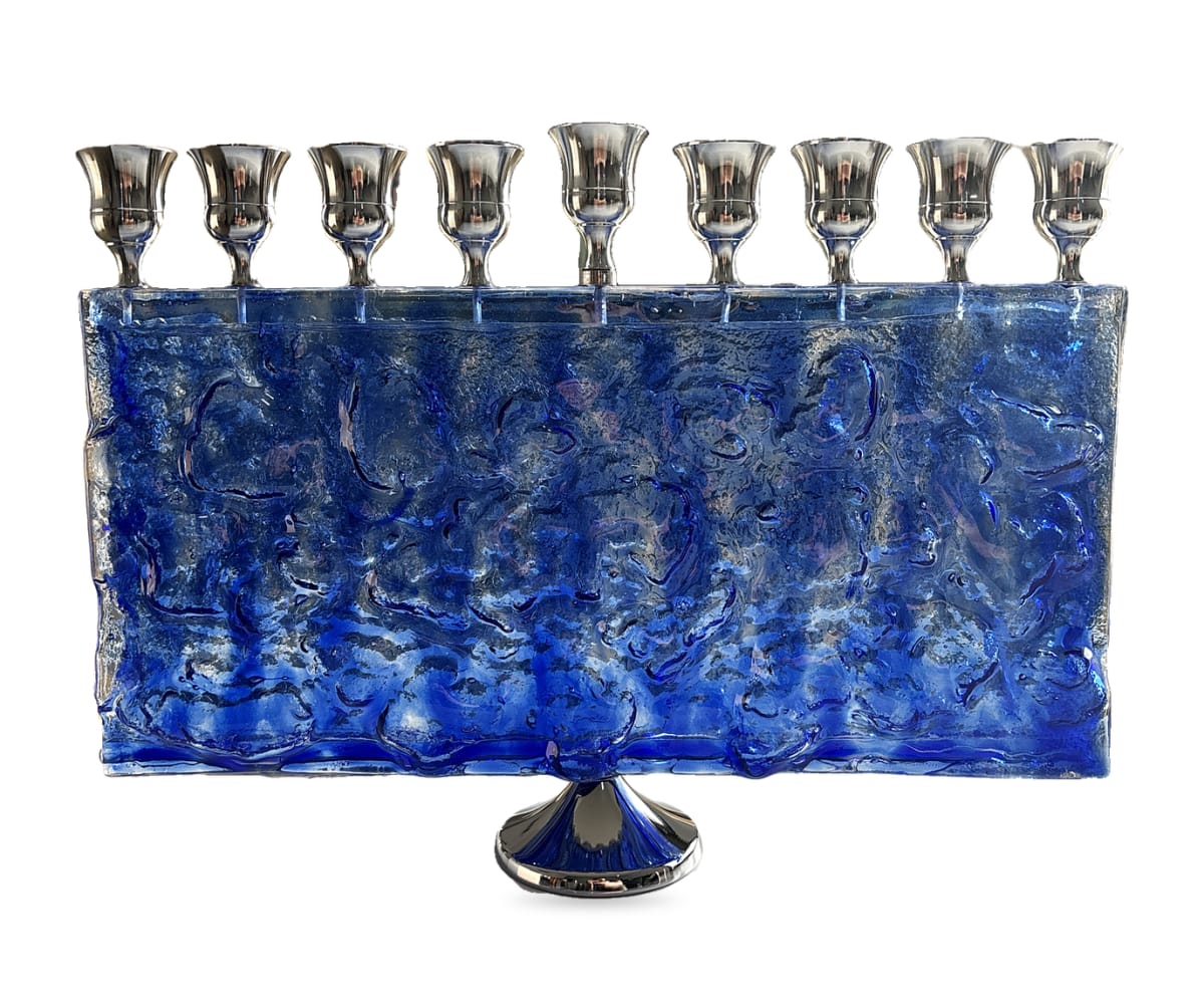 Silver-Tone Blue Glass Rectangular Hanukkah Menorah