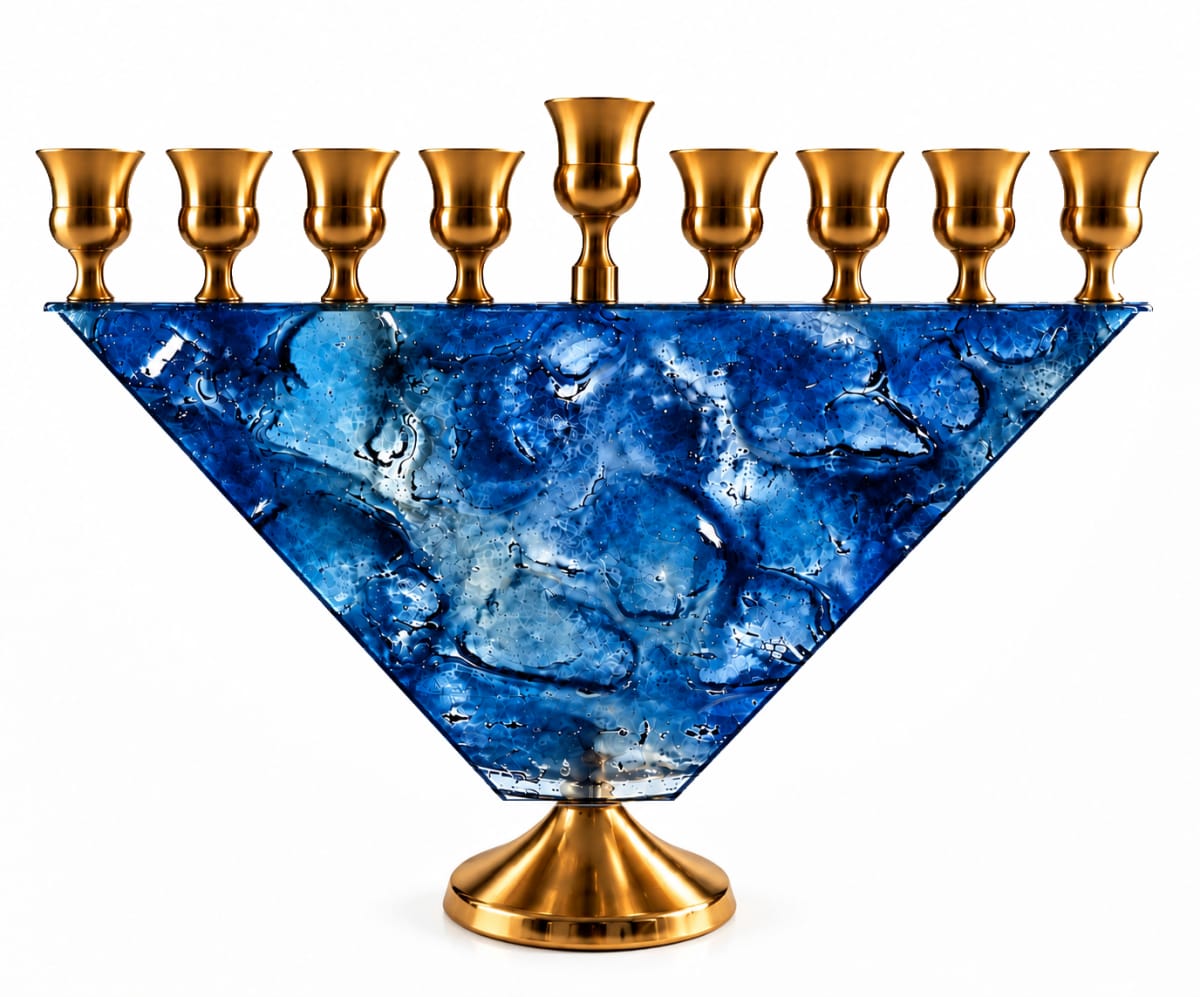 Gold-Tone Blue Glass Trapezoid Hanukkah Menorah