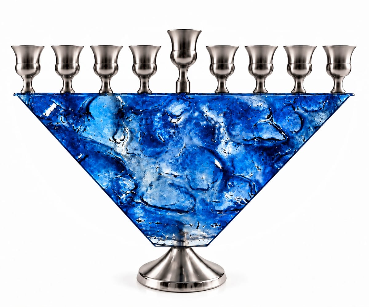Silver-Tone Blue Glass Trapezoid Hanukkah Menorah