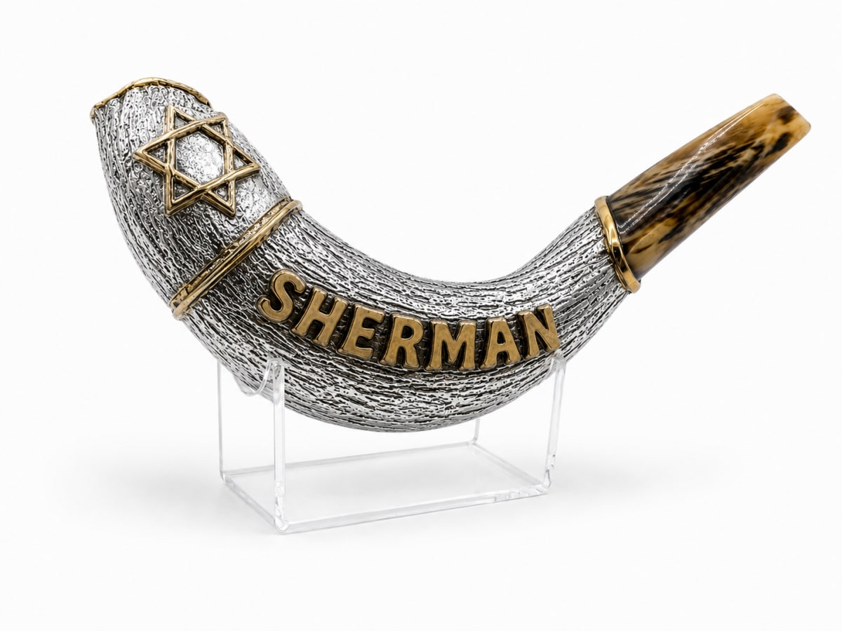 925 Silver-Plated Custom Ram's Horn Shofar, Symbol & Text