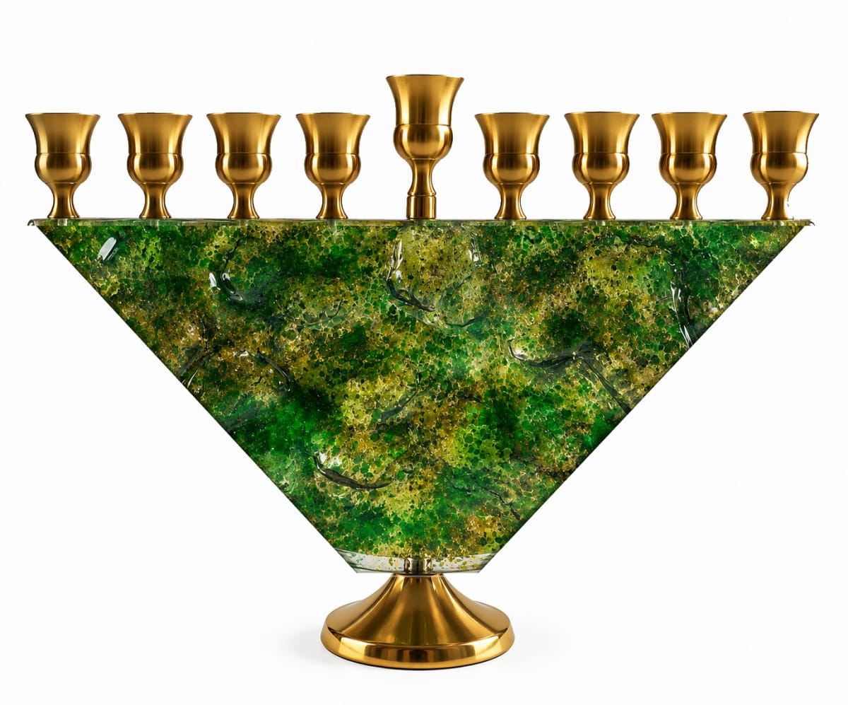Gold-Tone Emerald Green Glass Trapezoid Hanukkah Menorah
