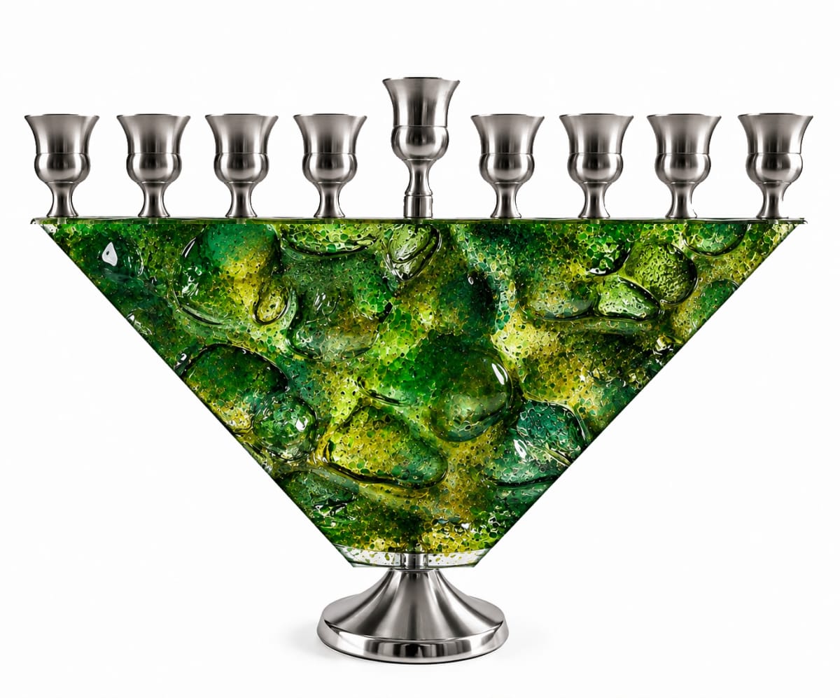 Silver-Tone Emerald Green Glass Trapezoid Hanukkah Menorah