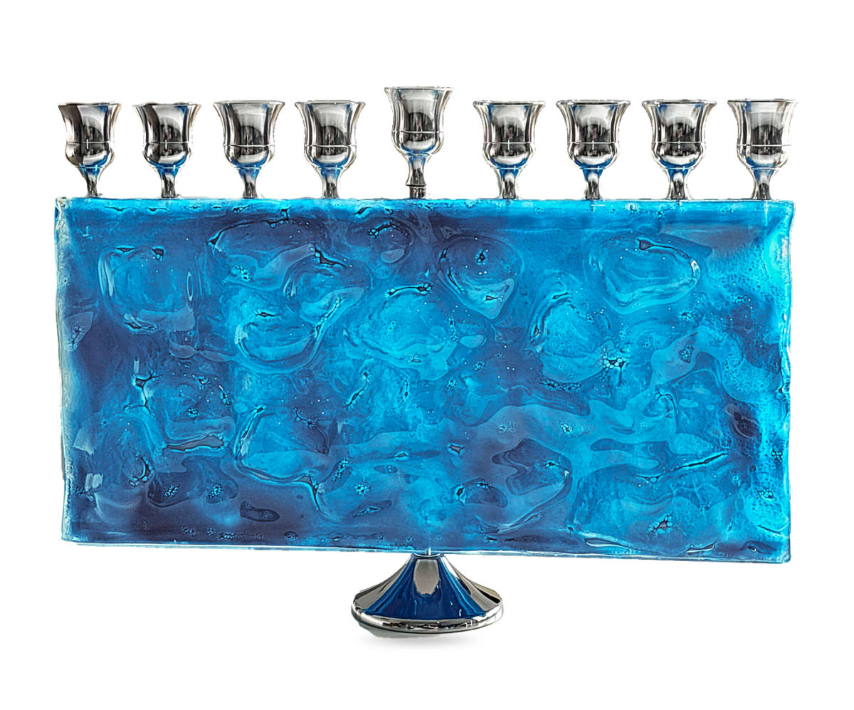 Silver-Tone Light Blue Glass Rectangular Hanukkah Menorah