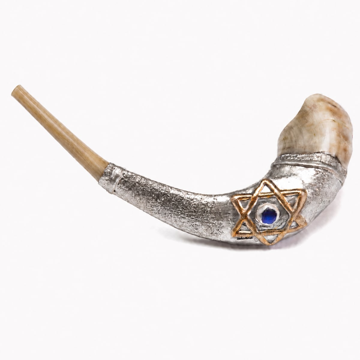 925 Silver-Plated Ram's Horn Shofar - Star of David with Blue Stone