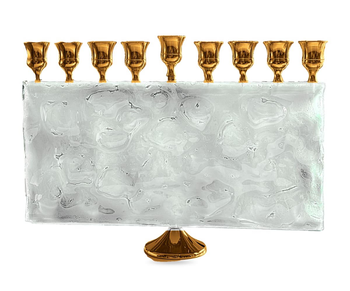 Gold-Tone Pearl White Glass Rectangular Hanukkah Menorah