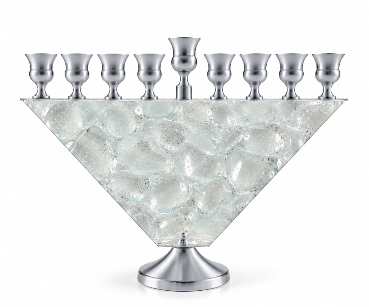 Silver-Tone Pearl White Glass Trapezoid Hanukkah Menorah