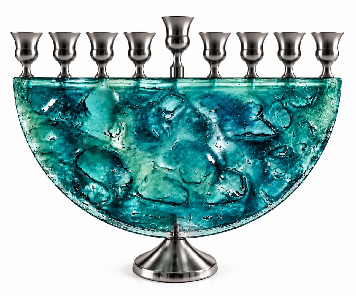 Silver-Tone Turquoise Glass Half-Moon Hanukkah Menorah