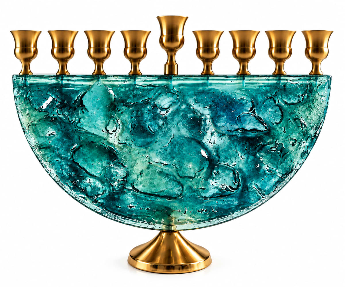 Gold-Tone Turquoise Glass Half-Moon Hanukkah Menorah