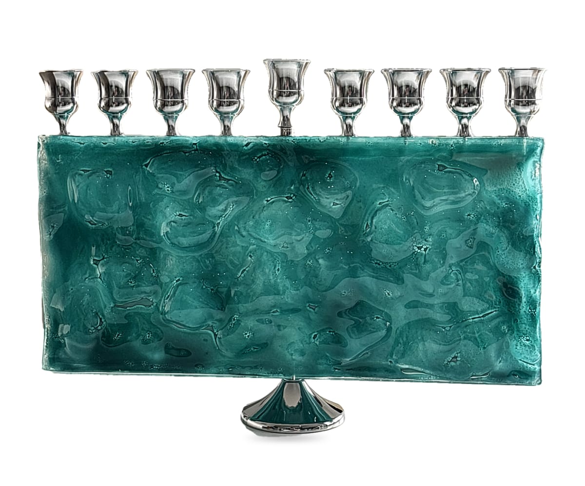 Silver-Tone Turquoise Glass Rectangular Hanukkah Menorah