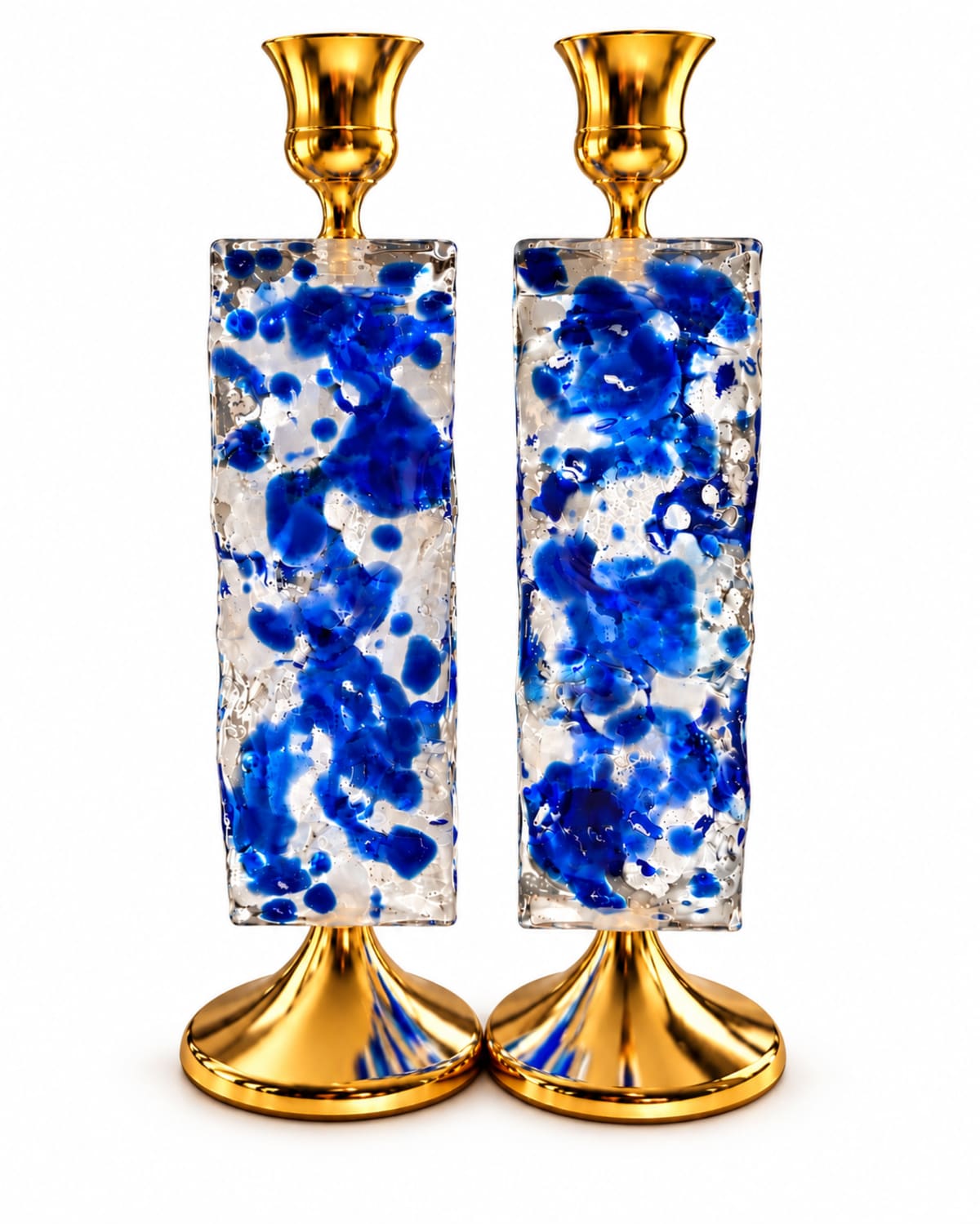 Gold-Tone White and Blue Double-Sided Glass Candlesticks