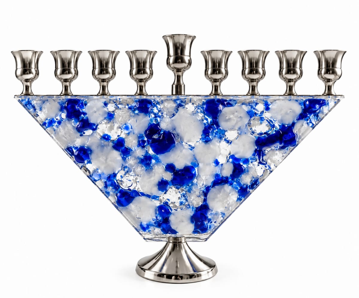 Silver-Tone White and Blue Glass Trapezoid Hanukkah Menorah