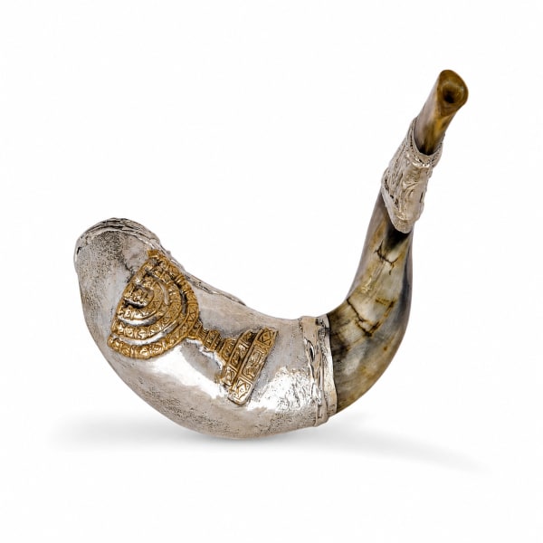 Ram's Horn Shofar – Menorah, handmade shofar decorated in 925 silver from Sherman Art Works