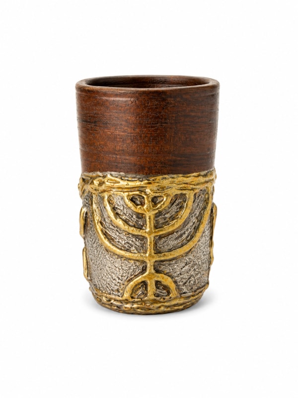 Ceramic Kiddush Cup - handmade silver-plated ceramic cup with Menorah symbol and Aramaic lettering