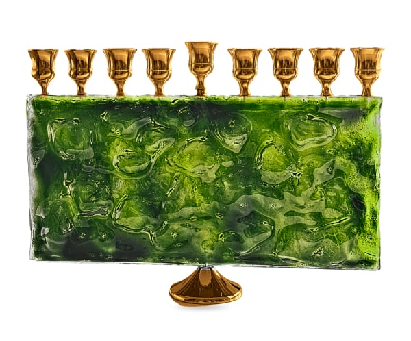 Gold-Tone Emerald Green Glass Rectangular Hanukkah Menorah