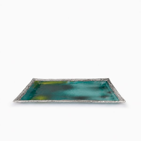 Green 925 Silver-Plated Glass Tray - handmade glass tray, bowl or Kiddush cup plate