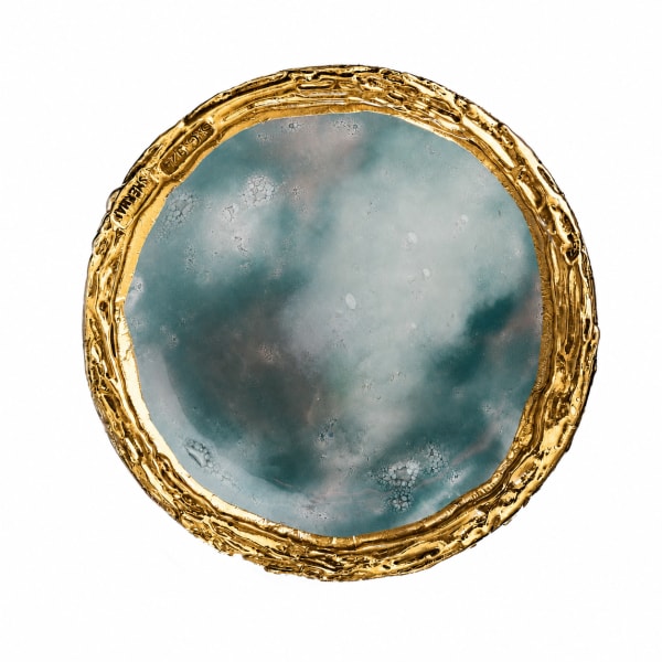 Gold-Plated Blue-Green Kiddush Cup Plate - handmade glass tray, bowl or Kiddush cup plate